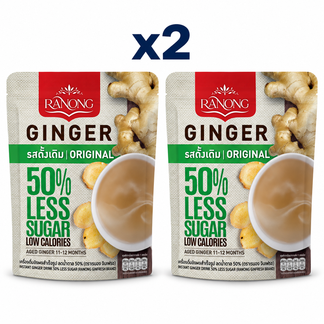 Ranong Tea ginger 50 less sugar original 100g — 2 sealed retail packs.
