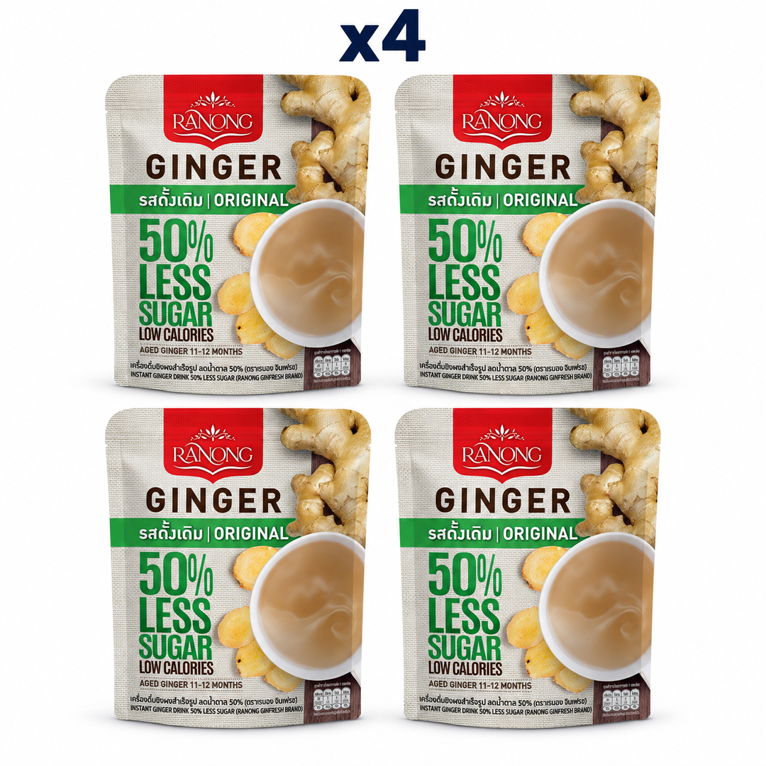 Ranong Tea ginger 50 less sugar original 100g — 4 sealed retail packs.