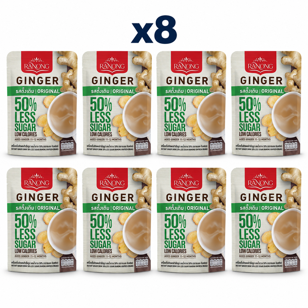 Ranong Tea ginger 50 less sugar original 100g — 8 sealed retail packs.