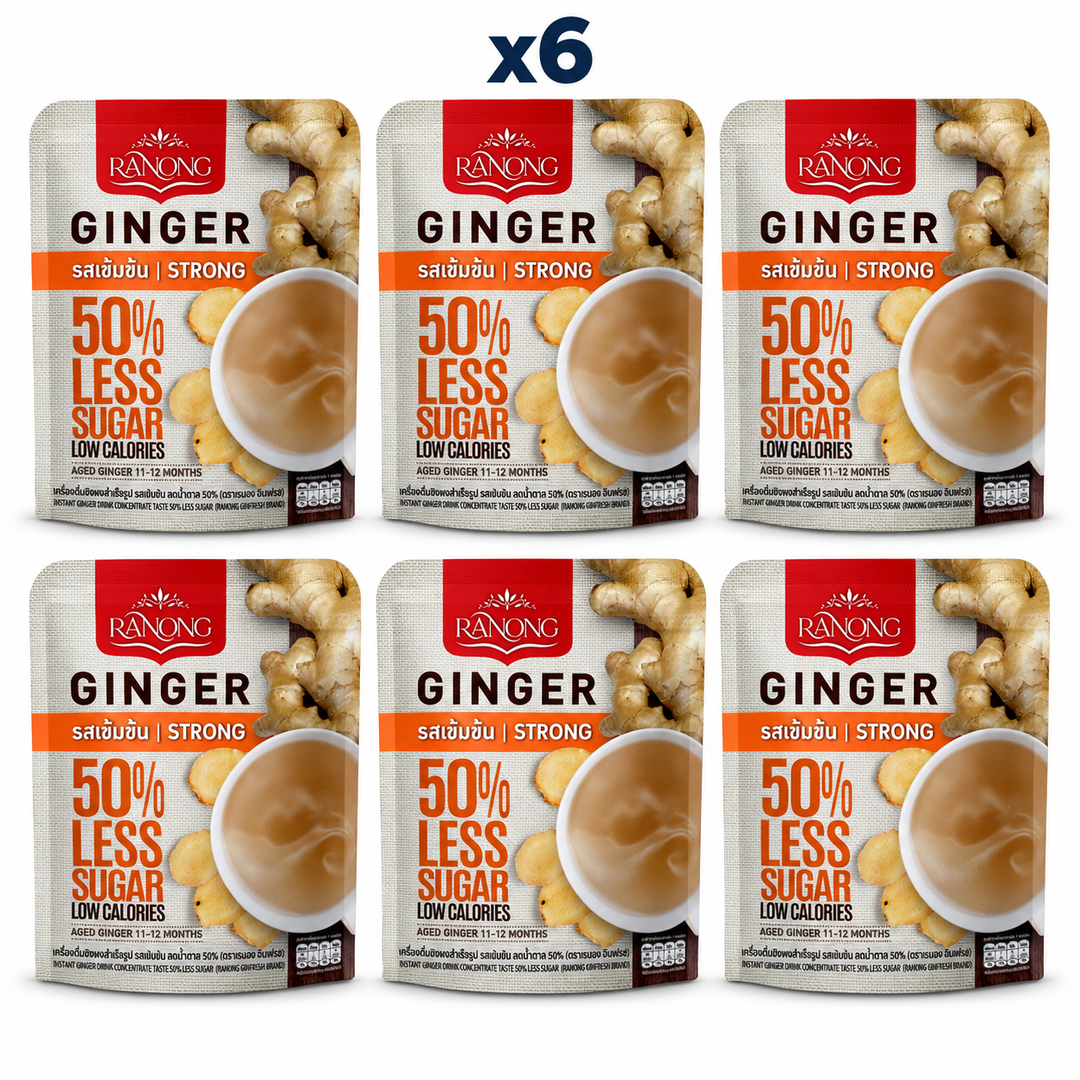 Ranong Tea ginger 50 less sugar strong 100g — 6 sealed retail packs.