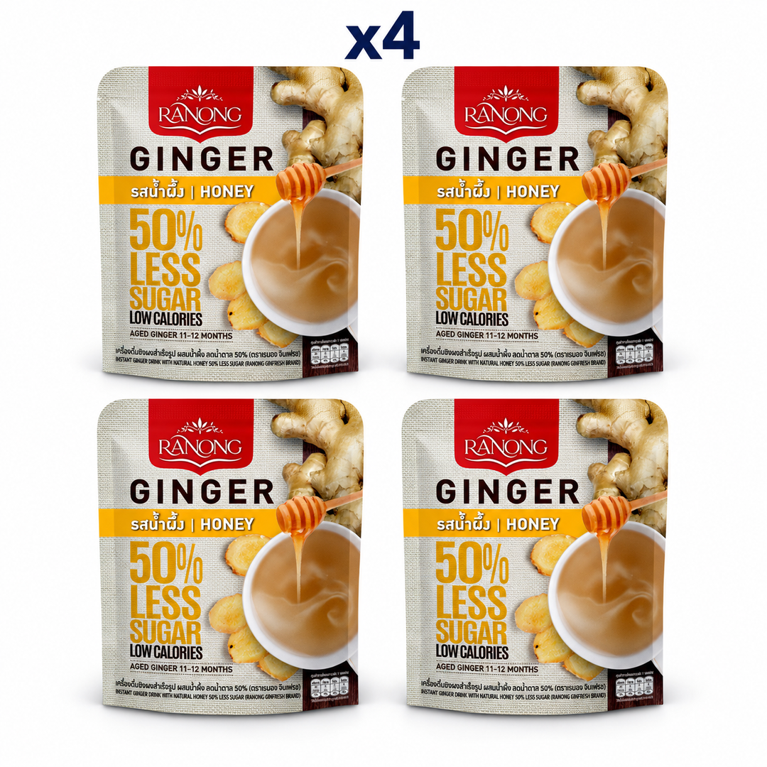 Ranong Tea ginger honey 50 less sugar 100g — 4 sealed retail packs.