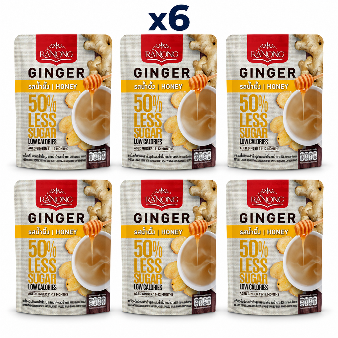 Ranong Tea ginger honey 50 less sugar 100g — 6 sealed retail packs.