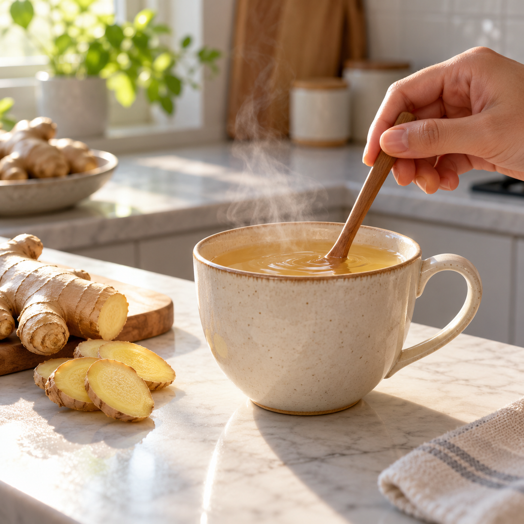 Serving suggestion for ginger drink; prepared drink and accessories are not included