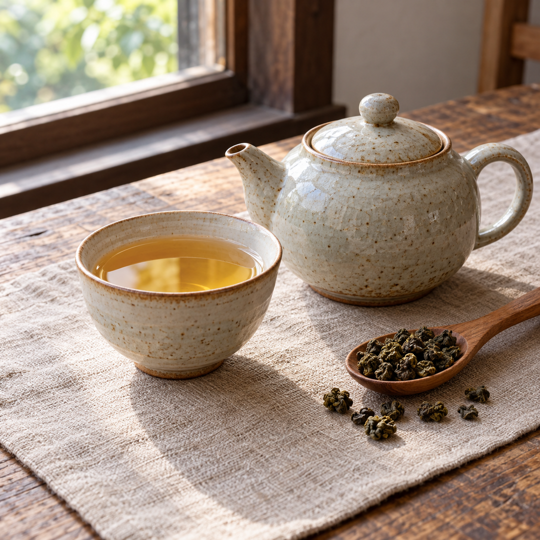Serving suggestion for oolong tea; prepared drink and accessories are not included