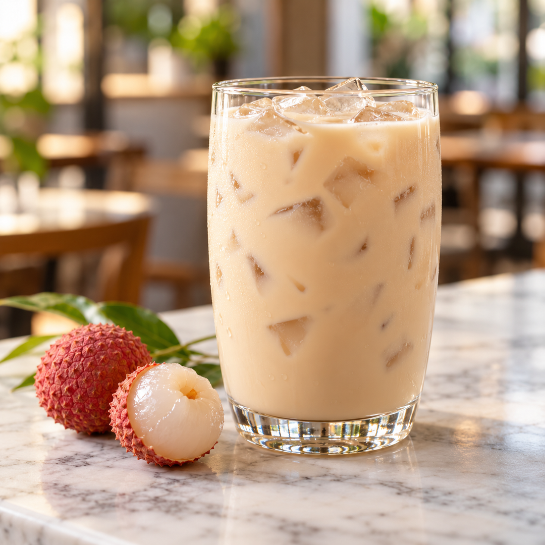 Serving suggestion for lychee milk tea; prepared drink and accessories are not included