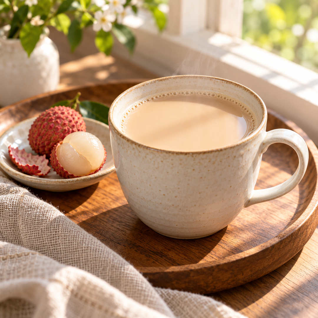 Serving suggestion for lychee milk tea; prepared drink and accessories are not included