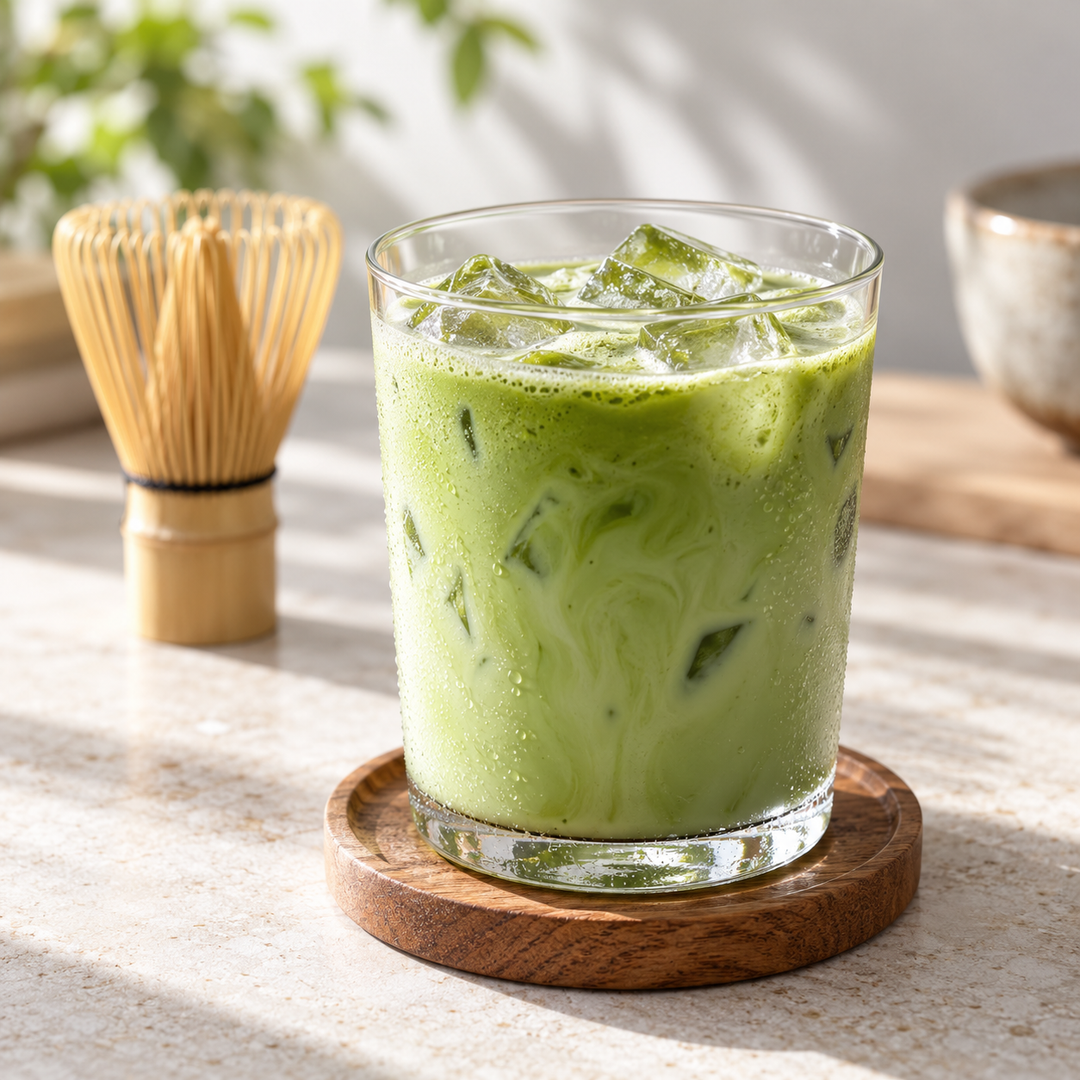 Serving suggestion for matcha latte; prepared drink and accessories are not included