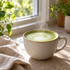 Serving suggestion for matcha latte; prepared drink and accessories are not included