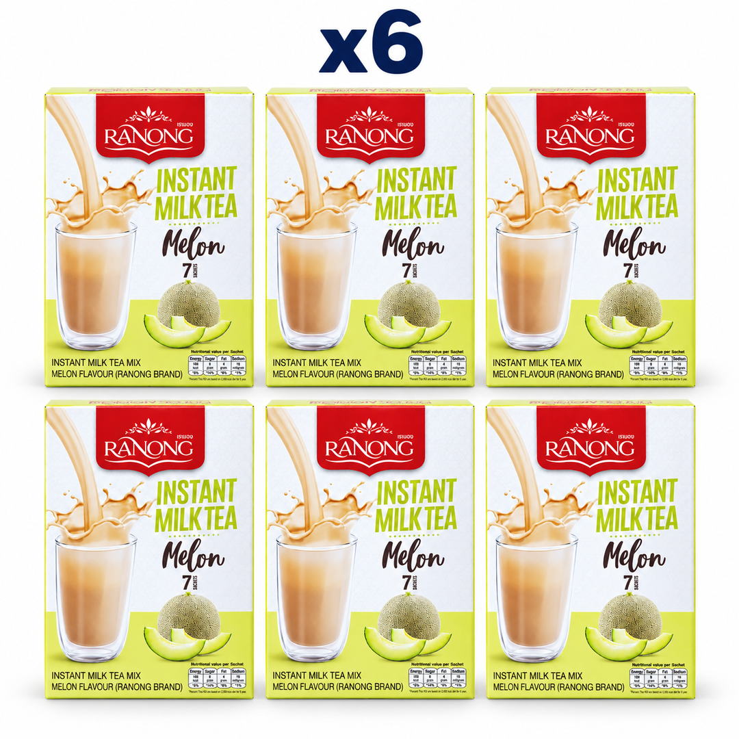 Ranong melon milk tea 140g, pack of 6 original retail packs on white