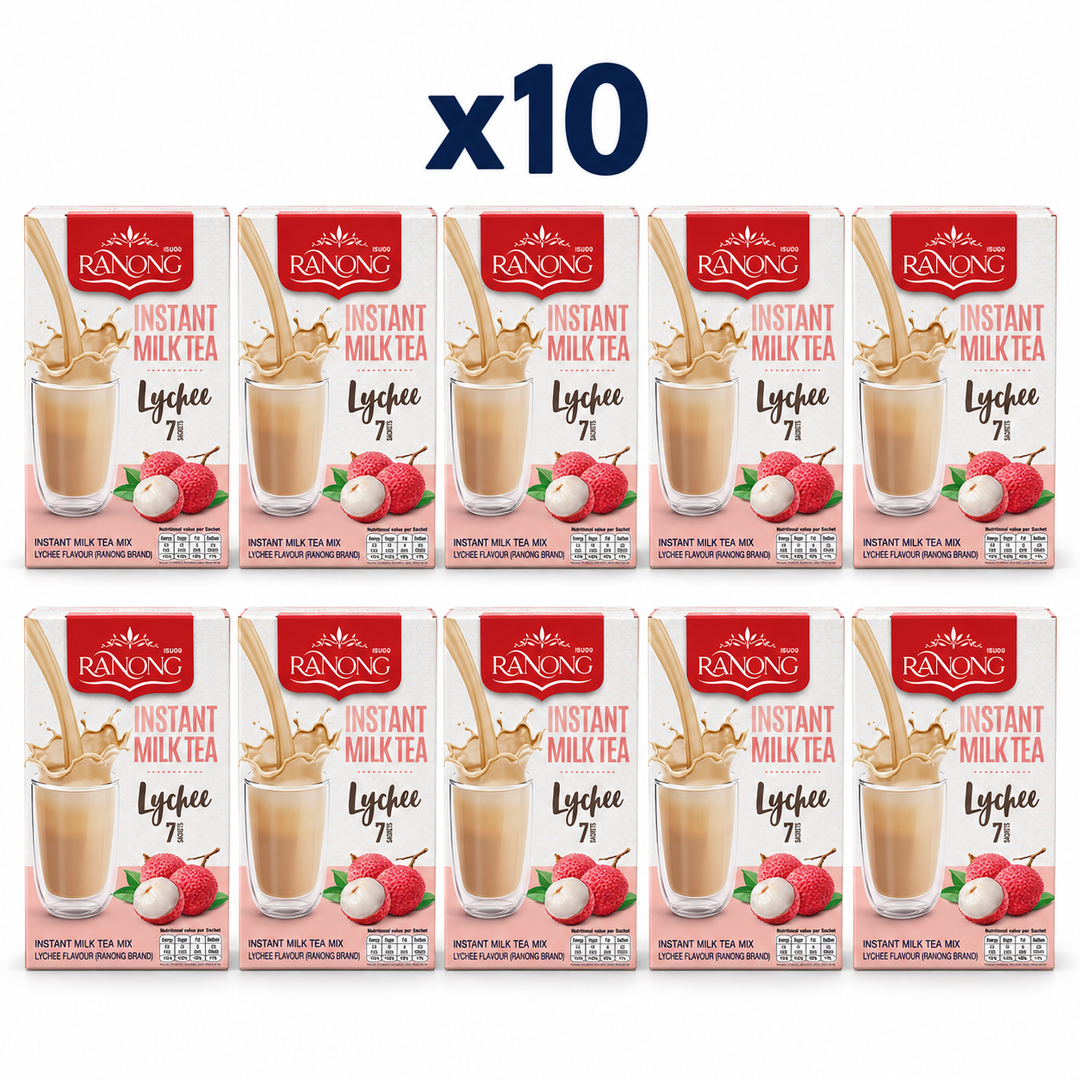 Ranong Tea milk tea lychee 140g — 10 sealed retail packs.