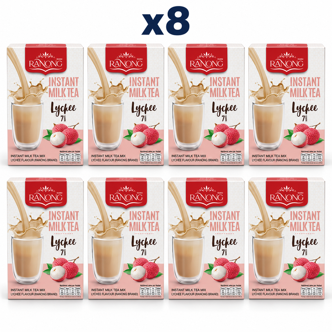Ranong Tea milk tea lychee 140g — 8 sealed retail packs.