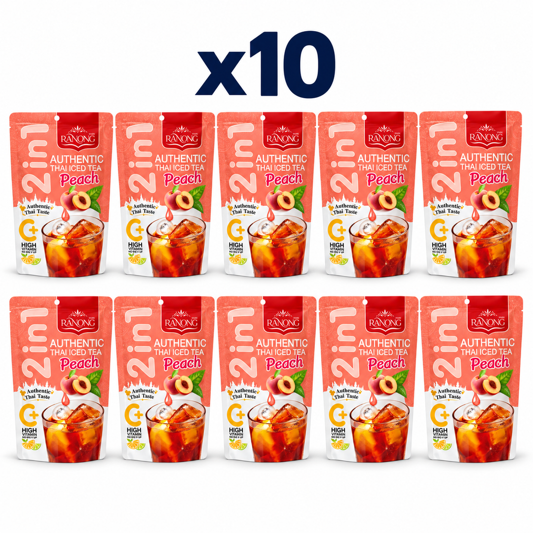 Ranong peach thai iced tea 130g, pack of 10 original retail packs on white