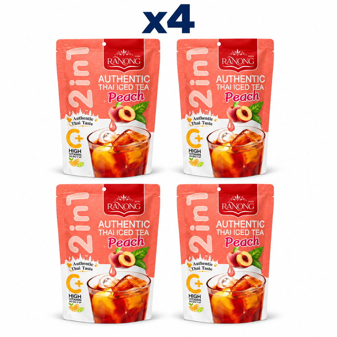 Ranong peach thai iced tea 130g, pack of 4 original retail packs on white
