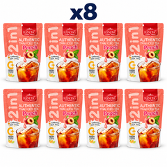 Ranong peach thai iced tea 130g, pack of 8 original retail packs on white