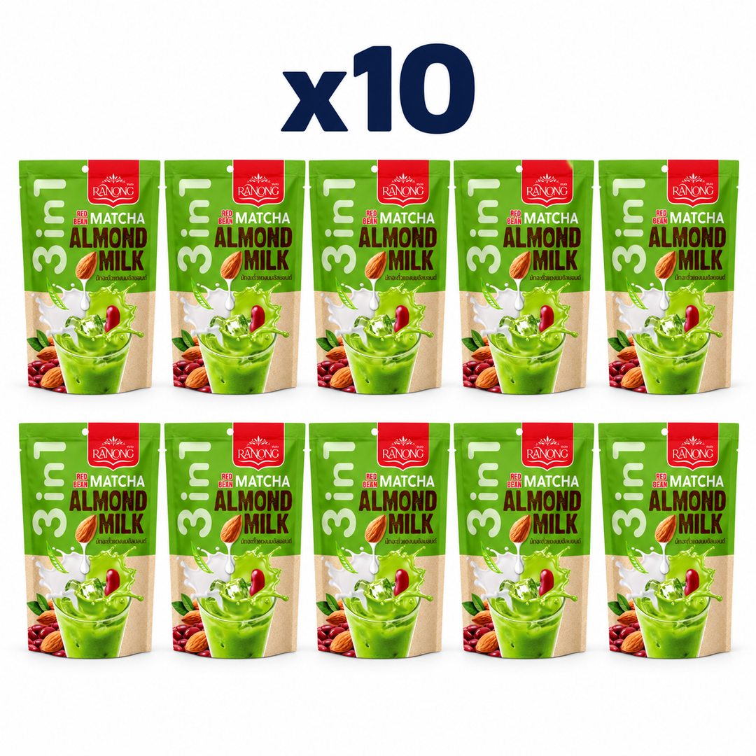 Ranong Red Bean Matcha Almond Milk 140 g retail pouches, pack of 10; exactly 10 closed packages on white