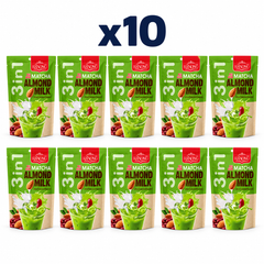 Ranong Red Bean Matcha Almond Milk 140 g retail pouches, pack of 10; exactly 10 closed packages on white