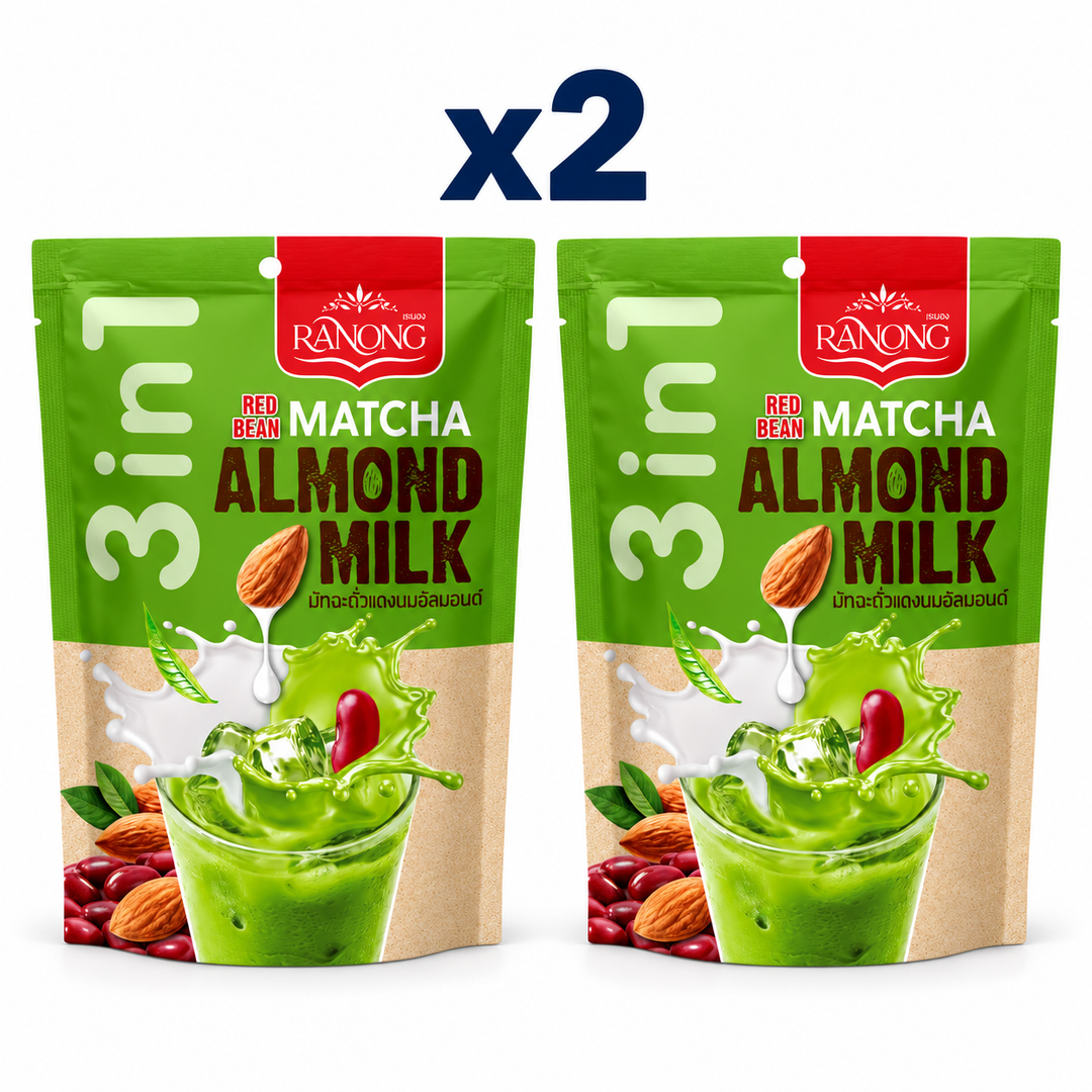 Ranong Red Bean Matcha Almond Milk 140 g retail pouches, pack of 2; exactly 2 closed packages on white