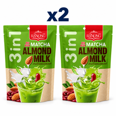 Ranong Red Bean Matcha Almond Milk 140 g retail pouches, pack of 2; exactly 2 closed packages on white