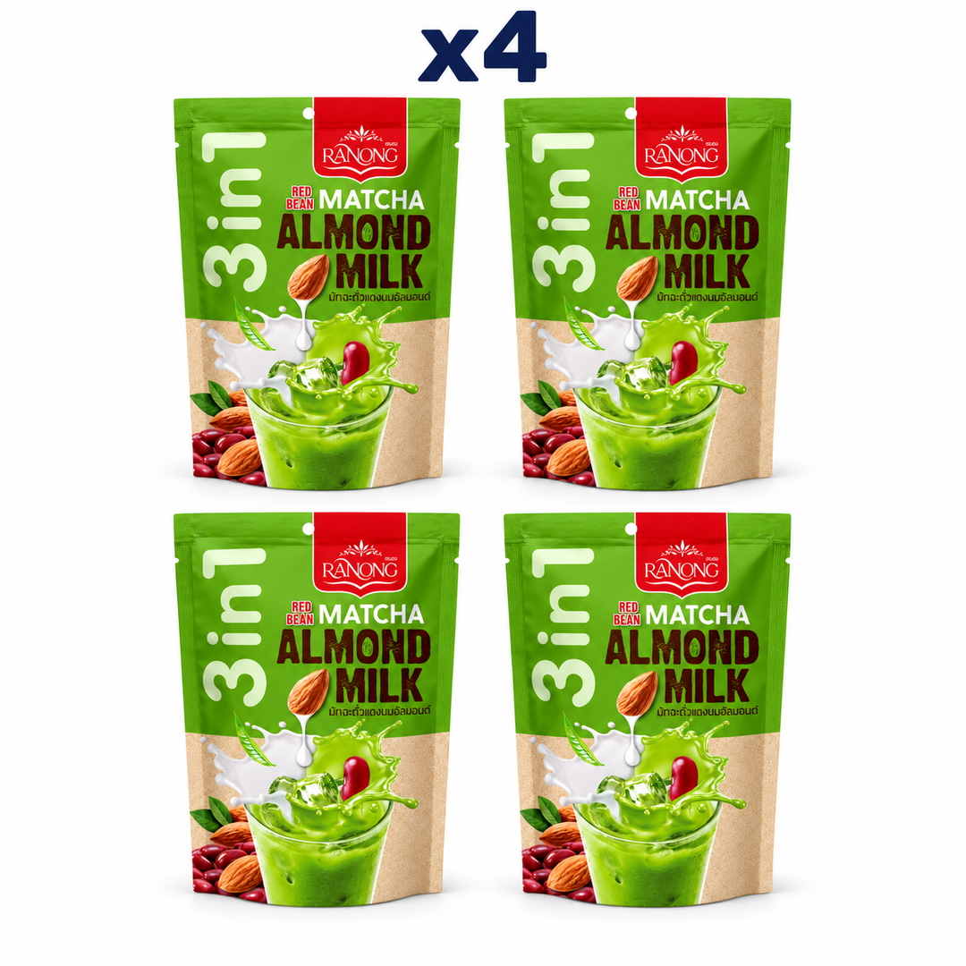 Ranong Red Bean Matcha Almond Milk 140 g retail pouches, pack of 4; exactly 4 closed packages on white