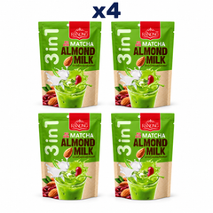Ranong Red Bean Matcha Almond Milk 140 g retail pouches, pack of 4; exactly 4 closed packages on white