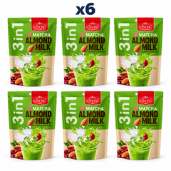 Ranong Red Bean Matcha Almond Milk 140 g retail pouches, pack of 6; exactly 6 closed packages on white