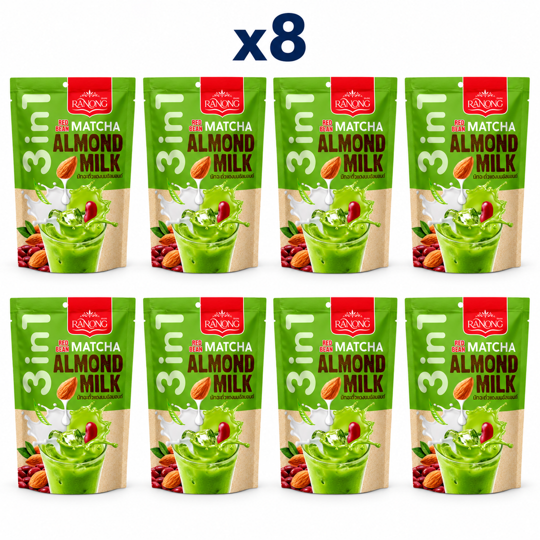 Ranong Red Bean Matcha Almond Milk 140 g retail pouches, pack of 8; exactly 8 closed packages on white