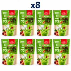 Ranong Red Bean Matcha Almond Milk 140 g retail pouches, pack of 8; exactly 8 closed packages on white