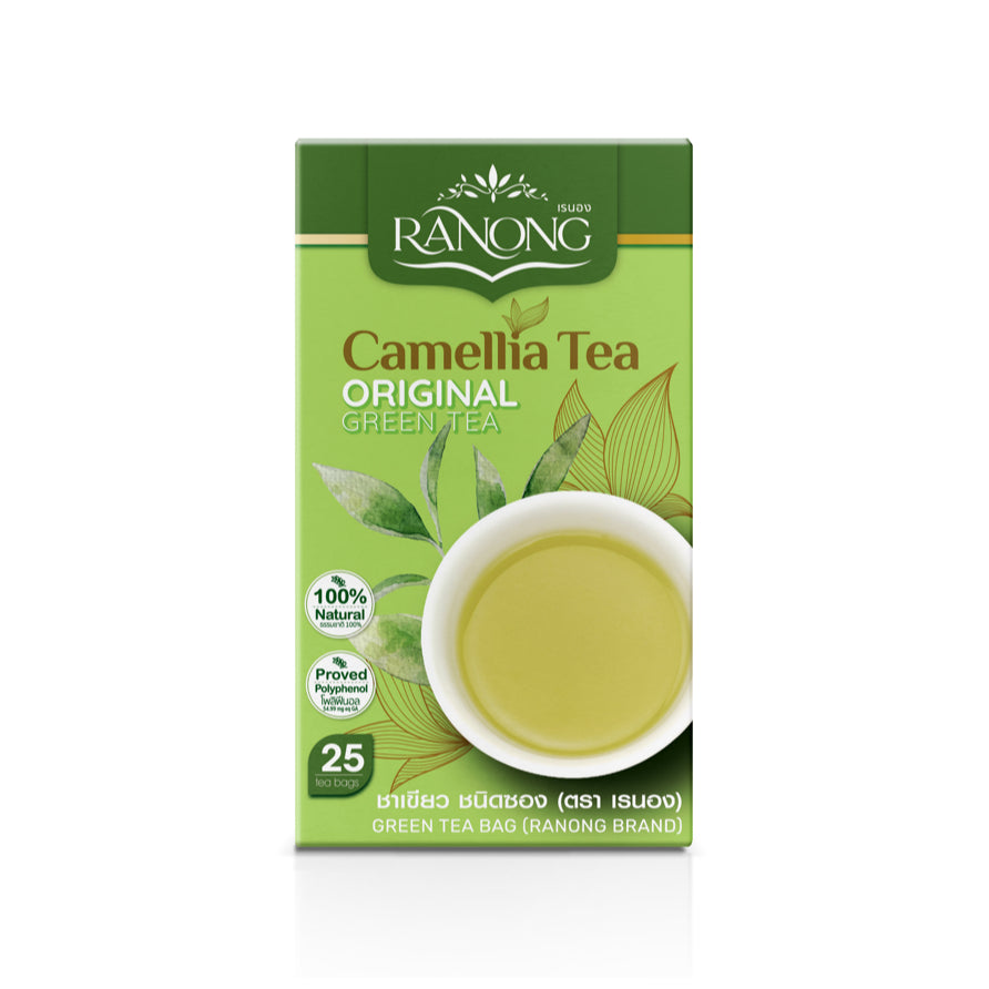 Ranong Tea Camellia Original Green Tea – 1 retail pack on white
