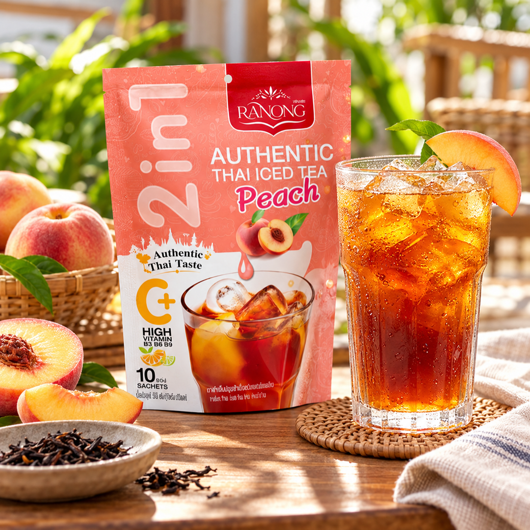 Ranong Tea Peach Thai Iced Tea 130 g — Packs of 1, 2, 4 or 6 — illustrative serving suggestion