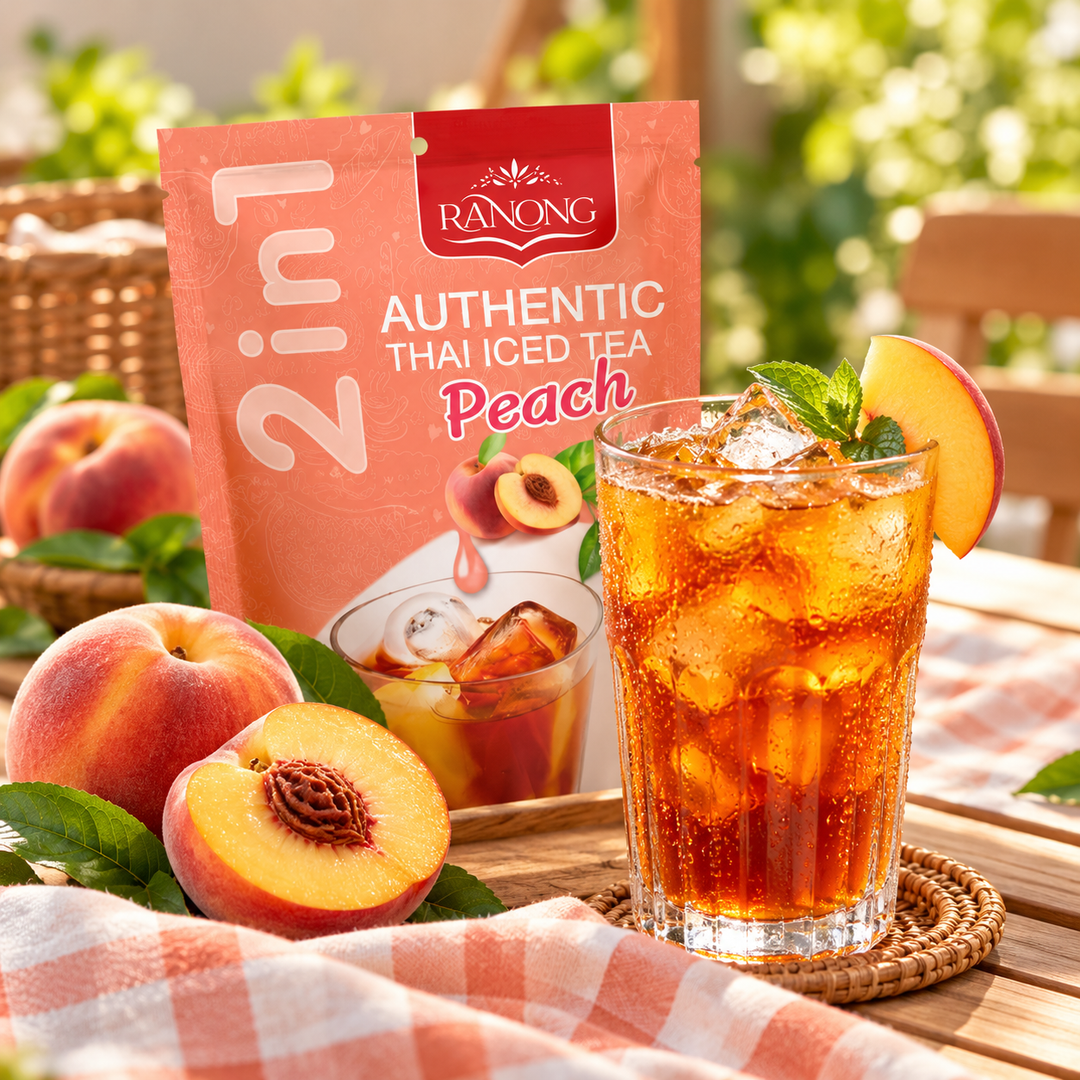 Ranong Tea Peach Thai Iced Tea 130 g — Packs of 1, 2, 4 or 6 — illustrative serving suggestion