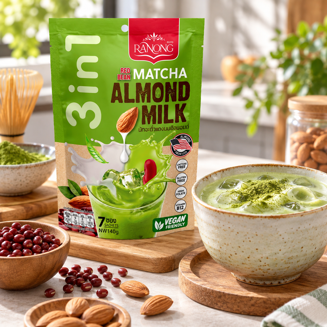 Ranong Tea Red Bean Matcha Almond Milk 140 g — Packs of 1, 2, 4 or 6 — illustrative serving suggestion