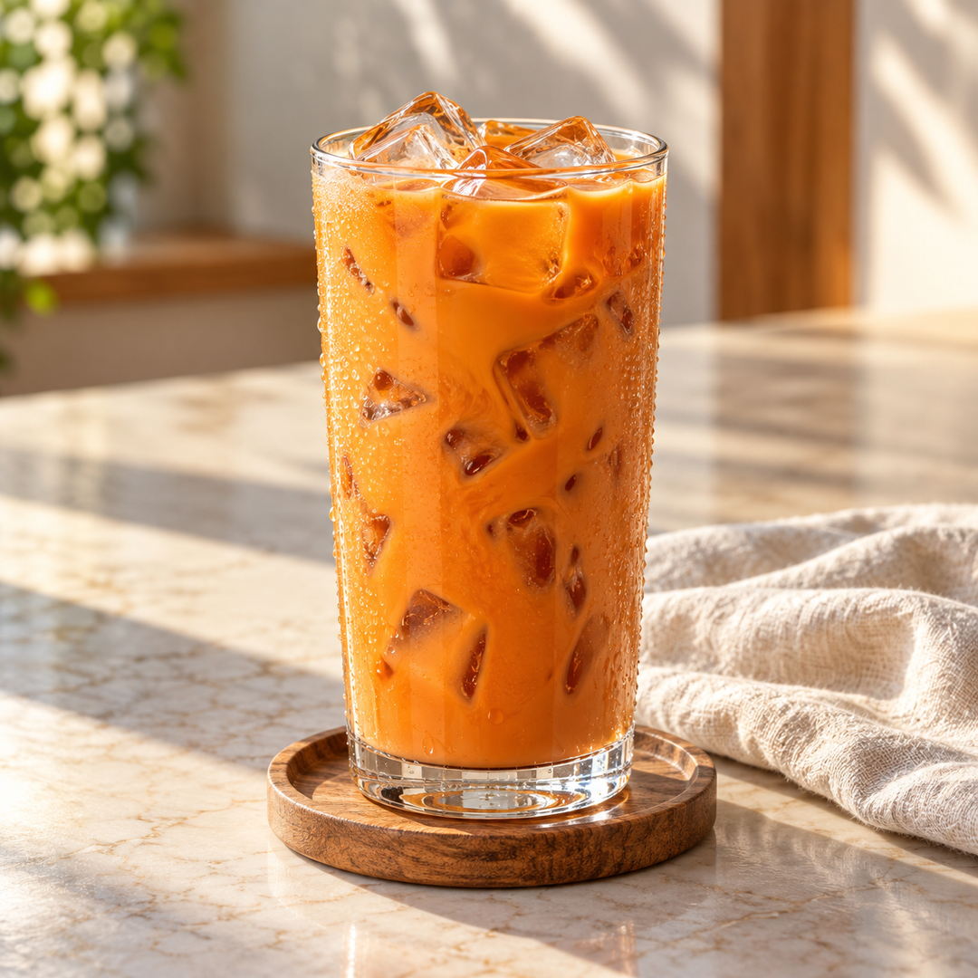 Serving suggestion for Thai milk tea; prepared drink and accessories are not included