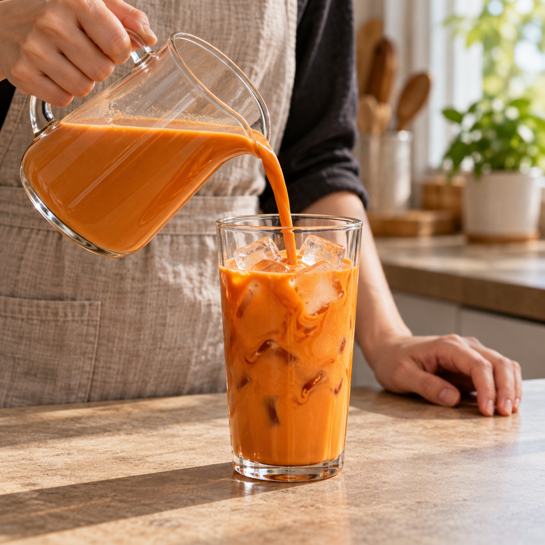 Serving suggestion for Thai milk tea; prepared drink and accessories are not included