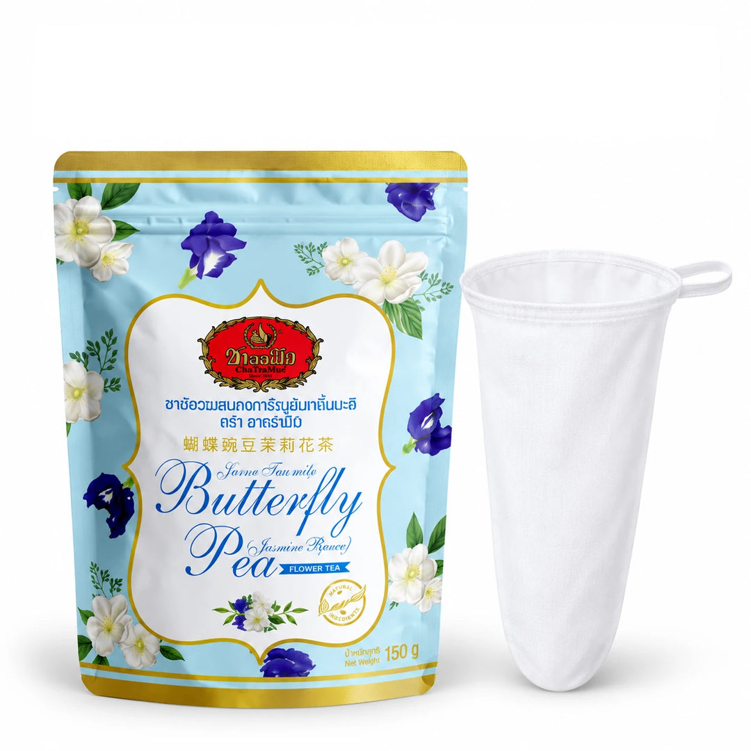 ChaTraMue Jasmine Butterfly Pea Tea 150g – Bags + Filter — product view