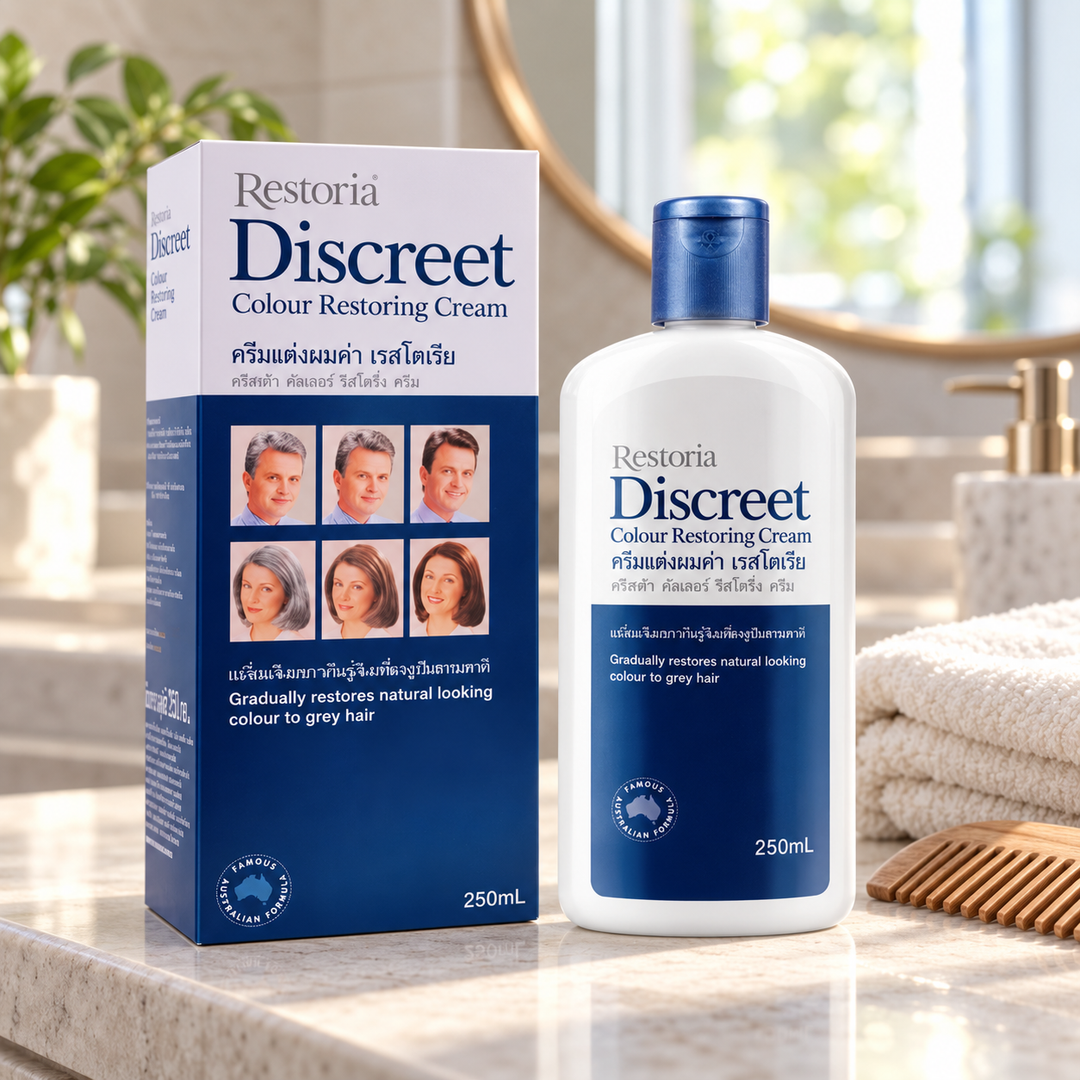Restoria Discreet 250 ml bottle and matching carton on a bathroom counter, lifestyle illustration