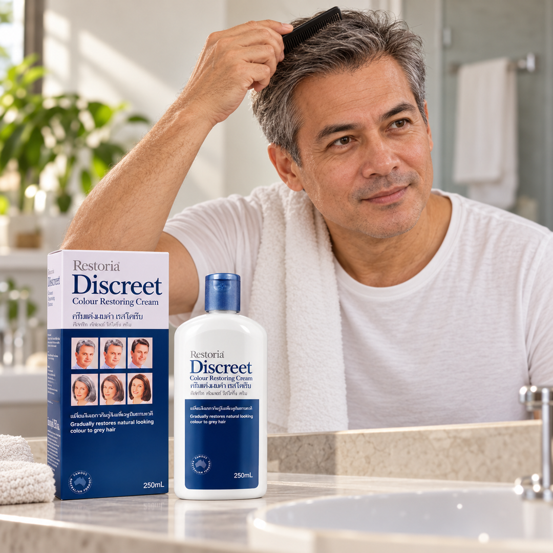 Adult grooming scene with Restoria Discreet 250 ml bottle and carton, lifestyle illustration without before-and-after results