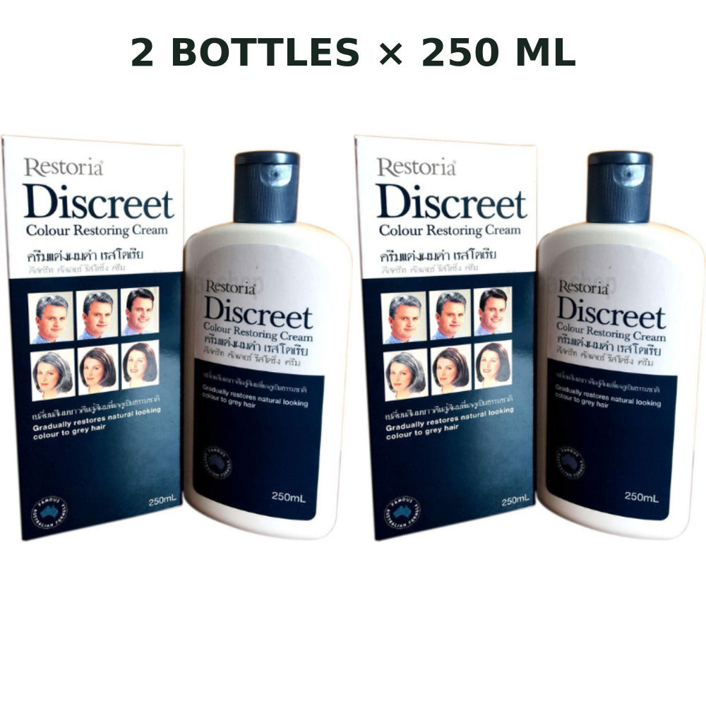 Two Restoria Discreet Hair Cream 250ml bottles with retail boxes on a white background