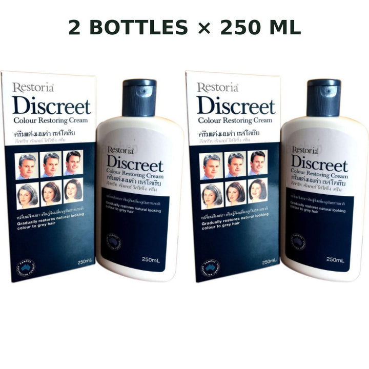 Two Restoria Discreet Hair Cream 250ml bottles with retail boxes on a white background