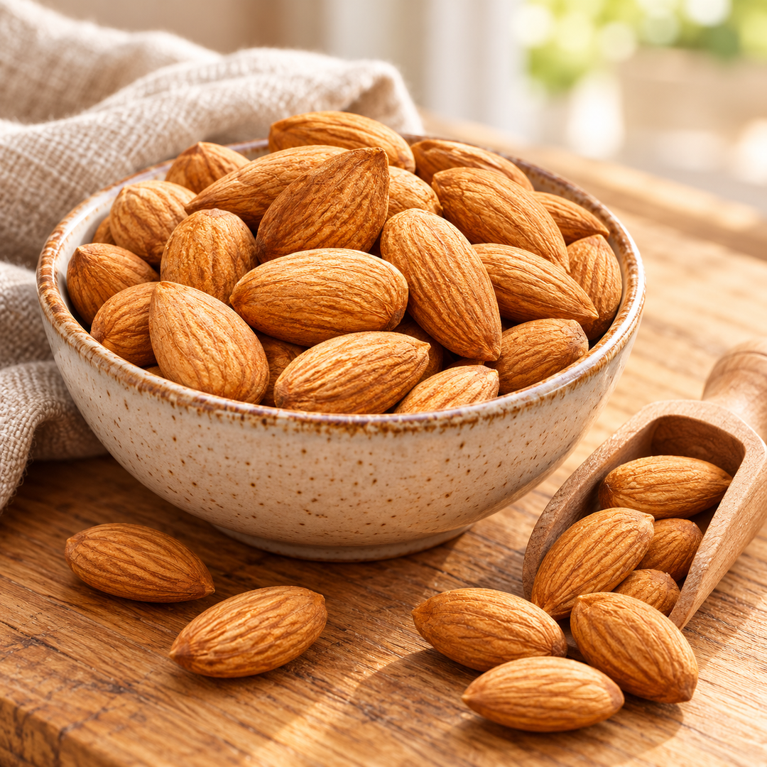 Almond kernels in a kitchen bowl — preparation suggestion