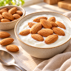 Almond kernels served with plain yogurt — serving suggestion