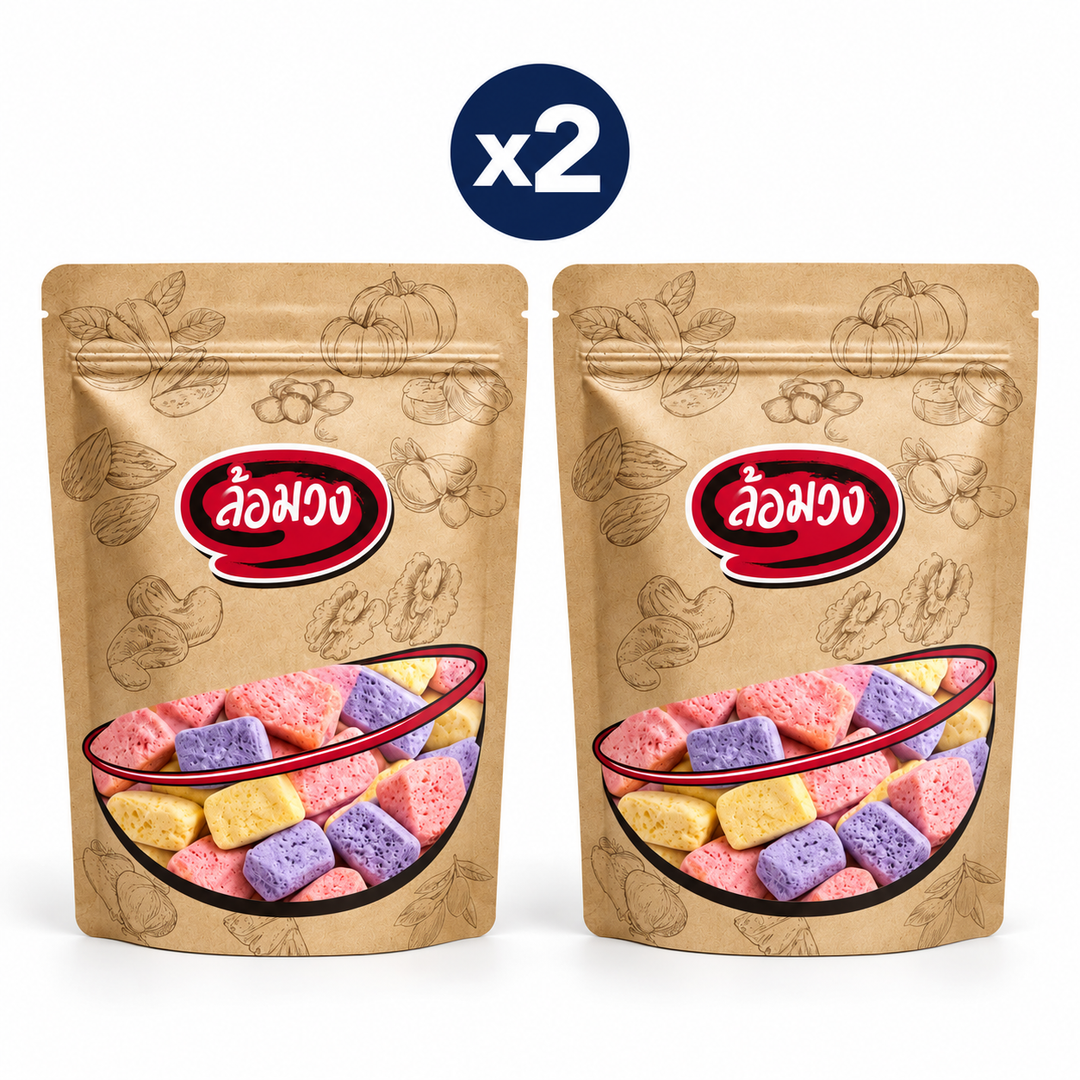 2 closed Rom-Wong retail pouches: Rom-Wong Crispy Freeze-Dried Yogurt — Pack of 2 | 150 g Each