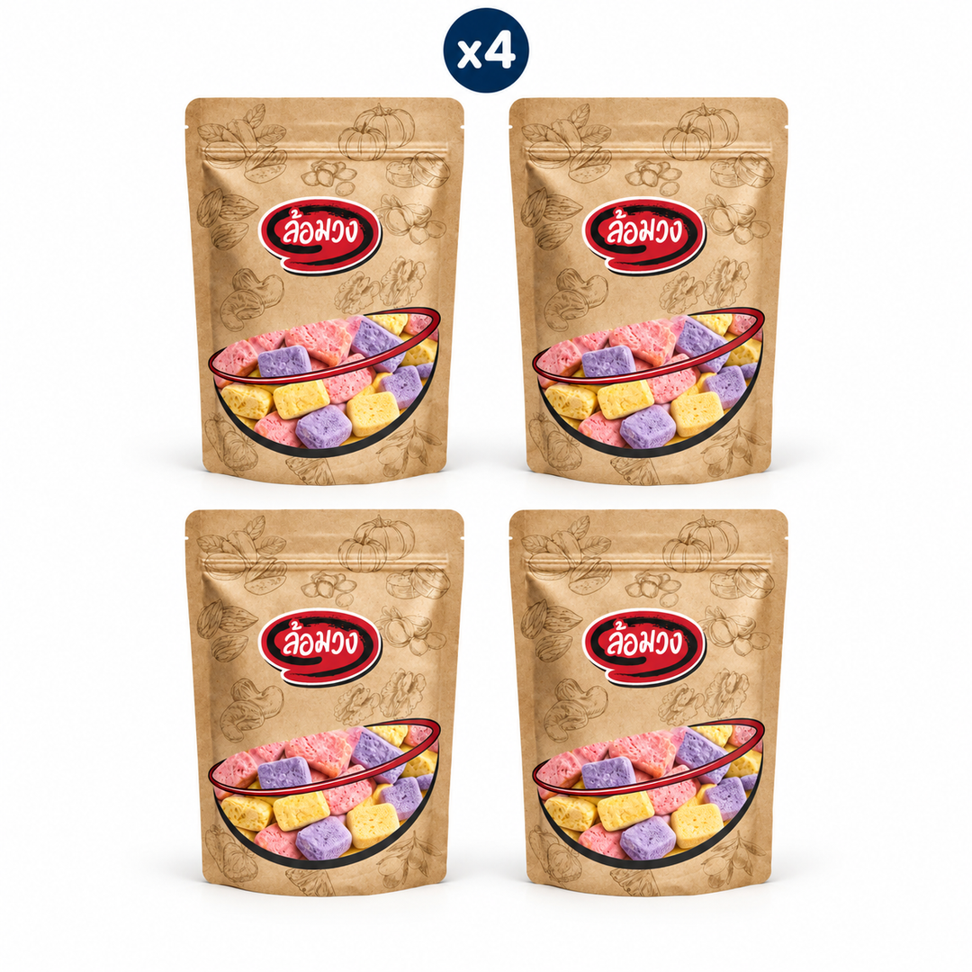4 closed Rom-Wong retail pouches: Rom-Wong Crispy Freeze-Dried Yogurt — Pack of 4 | 150 g Each