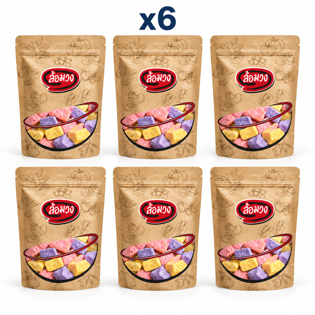 6 closed Rom-Wong retail pouches: Rom-Wong Crispy Freeze-Dried Yogurt — Pack of 6 | 150 g Each