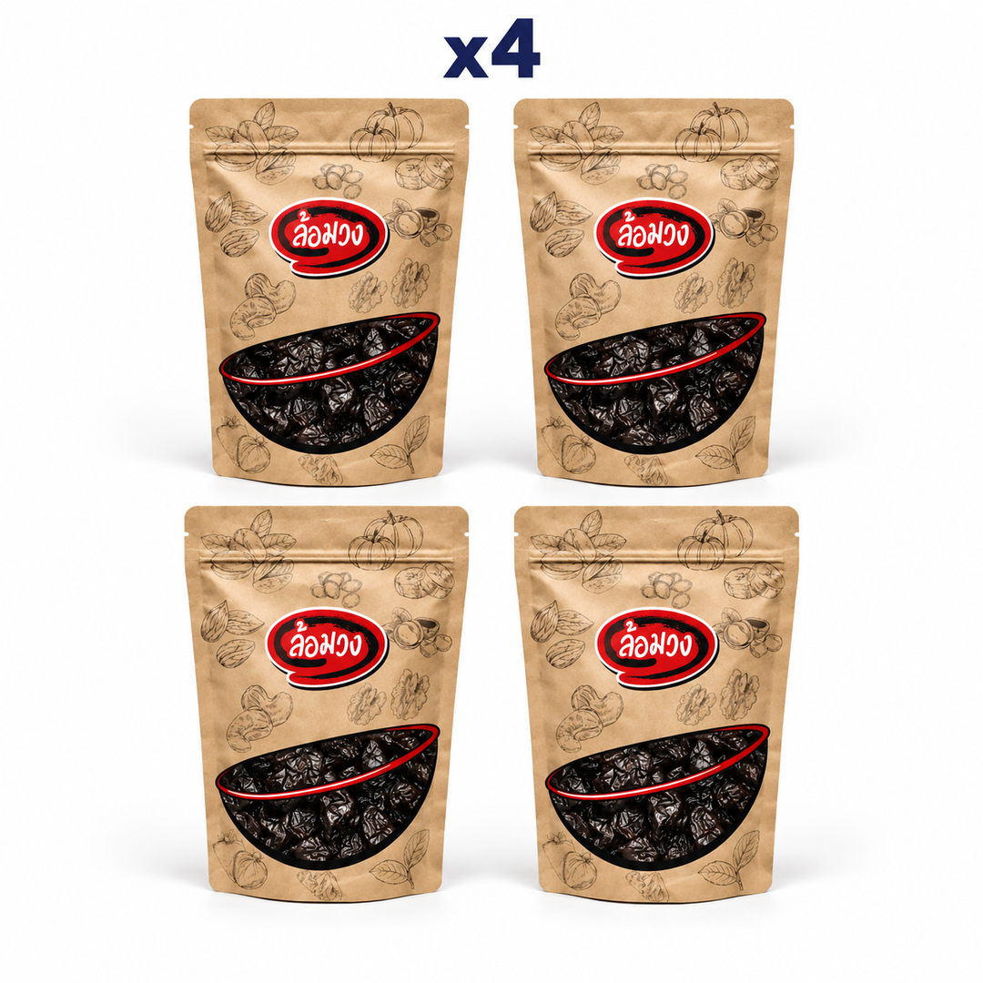 4 closed Rom-Wong retail pouches: Rom-Wong Dried Pitted Prunes — Pack of 4 | 100 g / 500 g Each