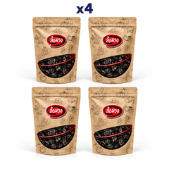 4 closed Rom-Wong retail pouches: Rom-Wong Dried Pitted Prunes — Pack of 4 | 100 g / 500 g Each