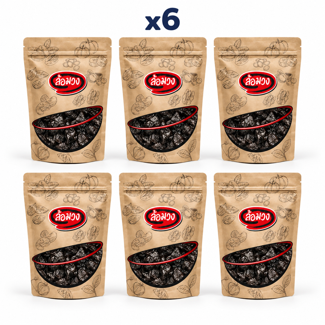 6 closed Rom-Wong retail pouches: Rom-Wong Dried Pitted Prunes — Pack of 6 | 100 g Each