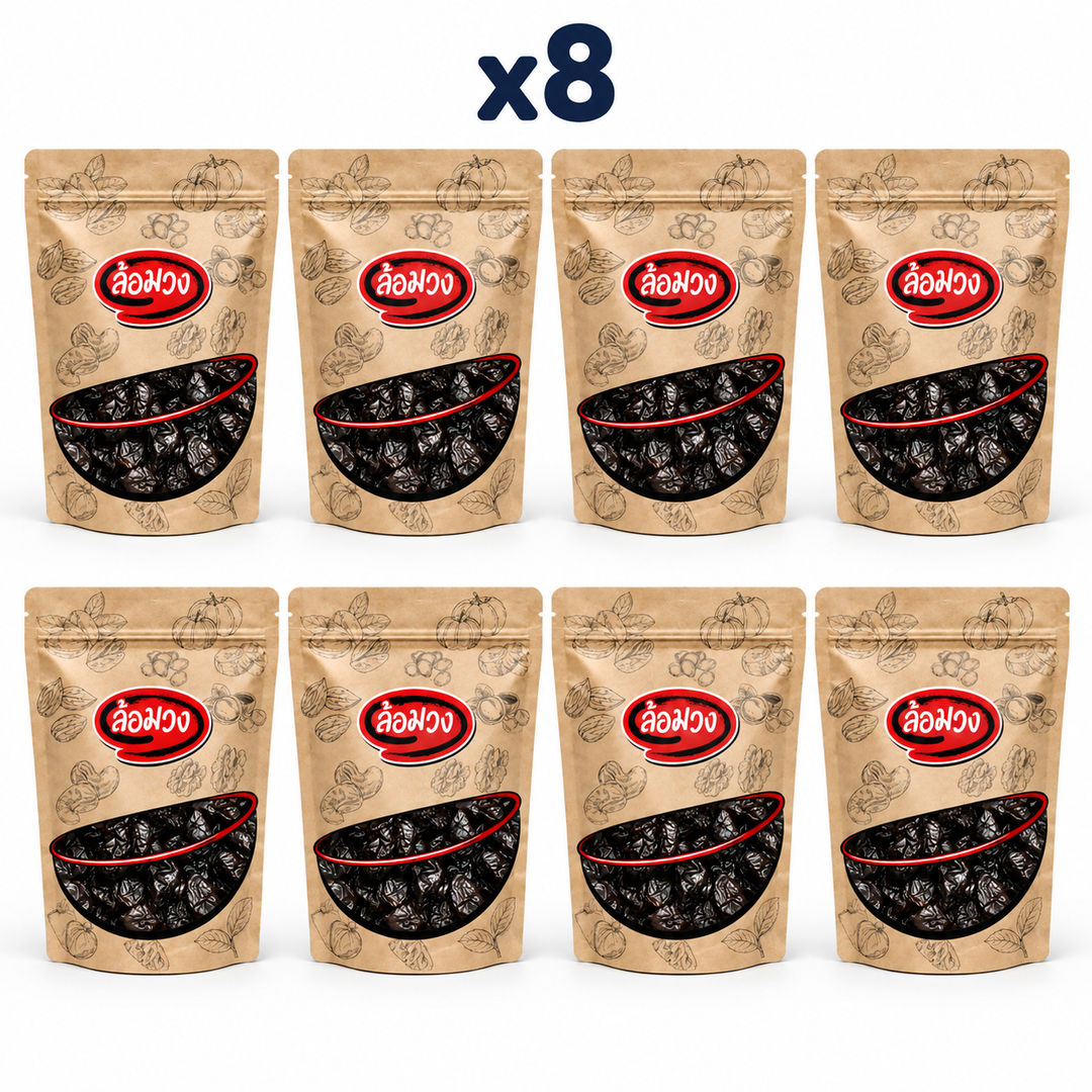 8 closed Rom-Wong retail pouches: Rom-Wong Dried Pitted Prunes — Pack of 8 | 100 g Each