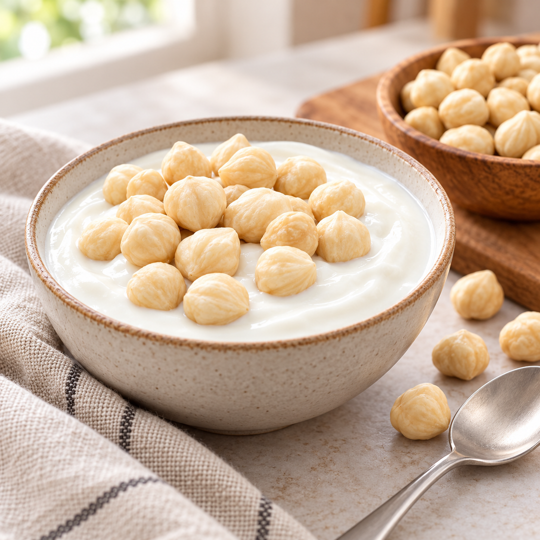 Hazelnut kernels served with plain yogurt — serving suggestion