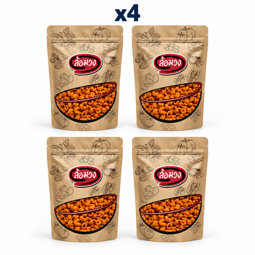 4 closed Rom-Wong retail pouches: Rom-Wong Krong Krang Black Pepper Crispy Snack — Pack of 4 | 300 g Each