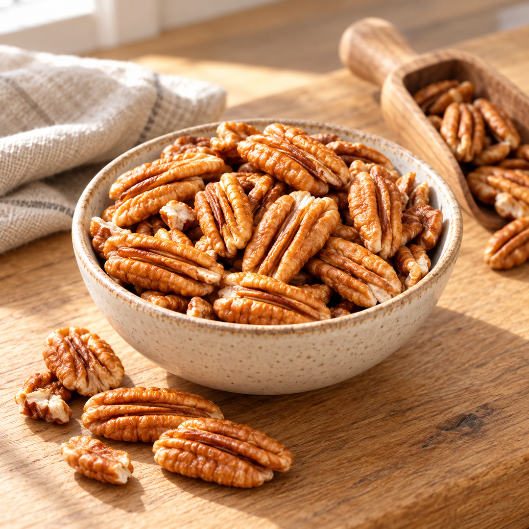 Pecan kernels in a kitchen bowl — preparation suggestion